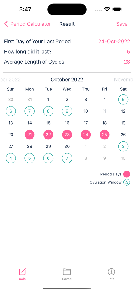 Una schermata mobile che mostra un calendario del ciclo mestruale con giorni di ciclo contrassegnati e previsioni della finestra di ovulazione.