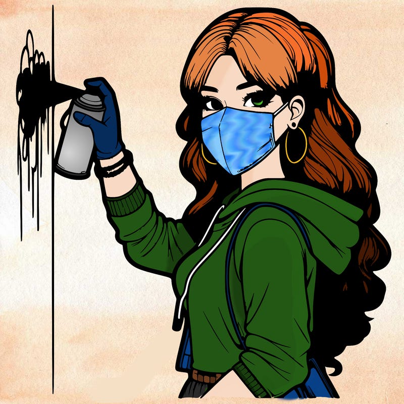 realistic girl with mask spray painting a wall