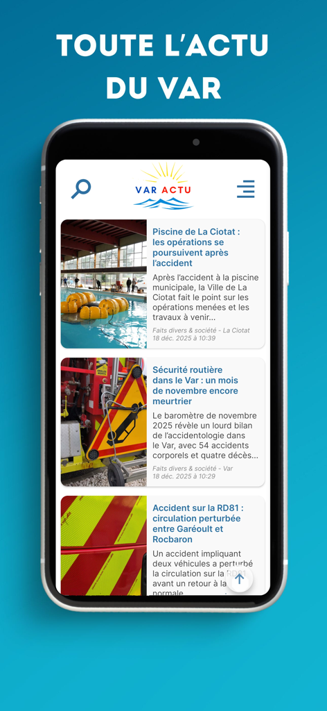 Var Actu - Var Actu mobile app interface showing a feed of local news articles from the Var department in France
