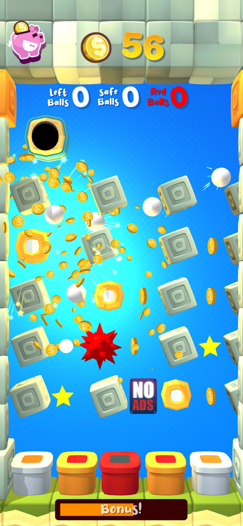 Pantalla de juego de Money Wall King of Coins mostrando pelotas y monedas cayendo sobre obstáculos