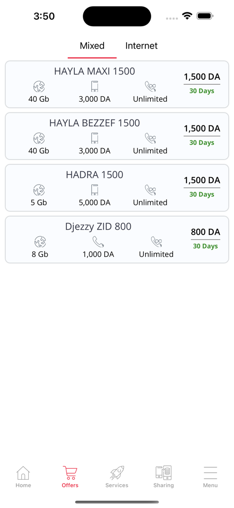Djezzy - Interface de l'application mobile Djezzy affichant une liste d'offres de données et d'appels