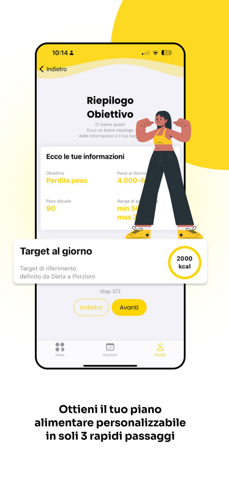 Una pantalla de resumen de objetivos en la aplicación Dieta a Porzioni que muestra un plan de pérdida de peso con un objetivo diario de 2000 calorías.
