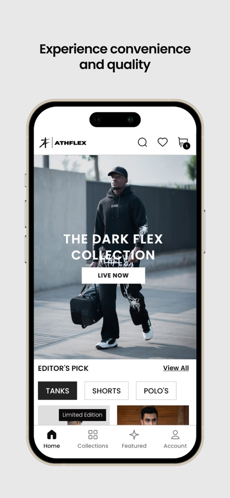 Athflex - Athflex app home screen displaying the Dark Flex gymwear collection and product categories.