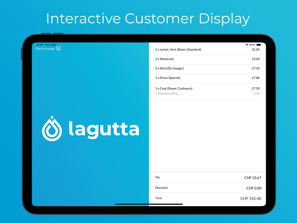 Pantalla interactiva de Lagutta POS para el cliente mostrando un resumen detallado del pedido de lavandería en un iPad.