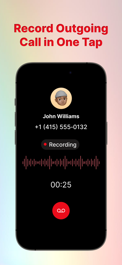 Call Recorder App: Record Call - Screenshot of the Call Recorder App interface showing an outgoing call being recorded with a timer and audio waveform