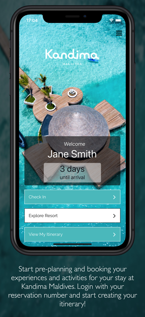 Welcome screen of the Kandima Maldives app showing a countdown until arrival and options to check in or explore the resort