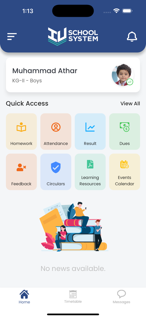 IU School System - IU School System mobile app home screen with quick access icons for student attendance homework and grades