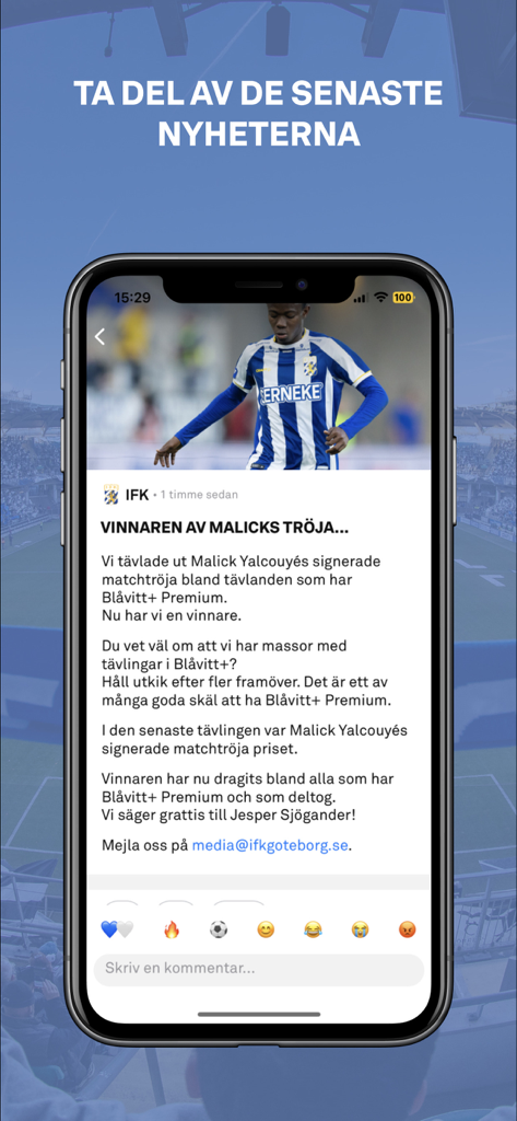 Blåvitt+ - IFK Goteborg Blavitt plus app showing a news article about a signed jersey competition winner