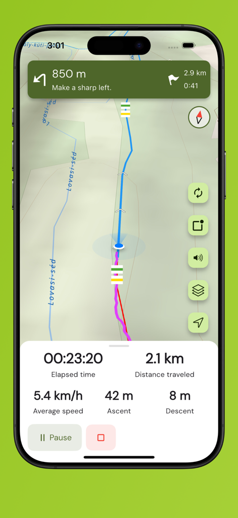 Real-time navigation screen of a hiking app showing a map path and trip statistics like speed and elevation.