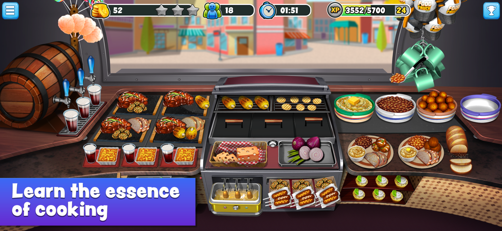 Food Truck Chef™: Cooking Game - A colorful kitchen management scene in Food Truck Chef featuring grilled steaks and sides