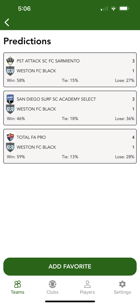 Soccer Rankings - A screenshot of the Soccer Rankings app showing game predictions with team scores and win probabilities