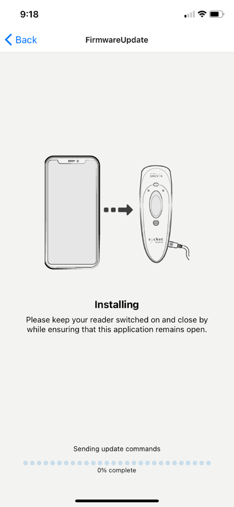 Maintenance by Socket Mobile - Mobile app screen showing a firmware update in progress for a Socket Mobile reader