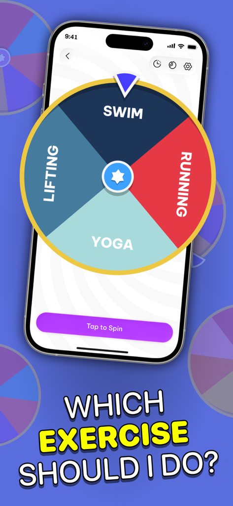 Decision - Spin Wheel - A colorful decision spin wheel on an iPhone screen featuring exercise choices like swimming, running, yoga, and lifting