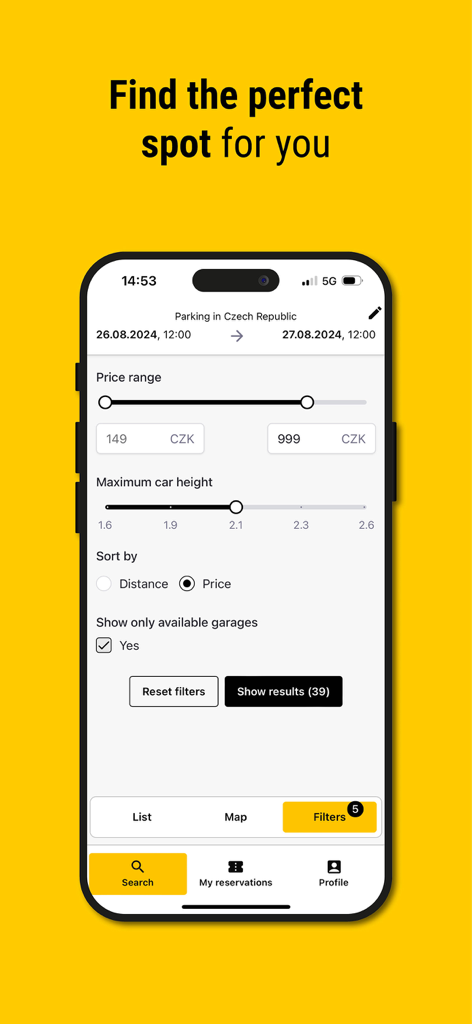 Search filters in the MR.PARKIT app for finding parking spots in the Czech Republic