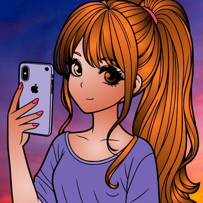 a realistic girl with a pony tail and a iphone
