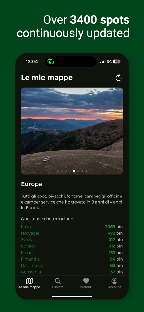 Mappa Magica - Mappa Magicaアプリの画面。ヨーロッパ全域で3400以上の厳選されたバンライフスポットのリストを表示しています。