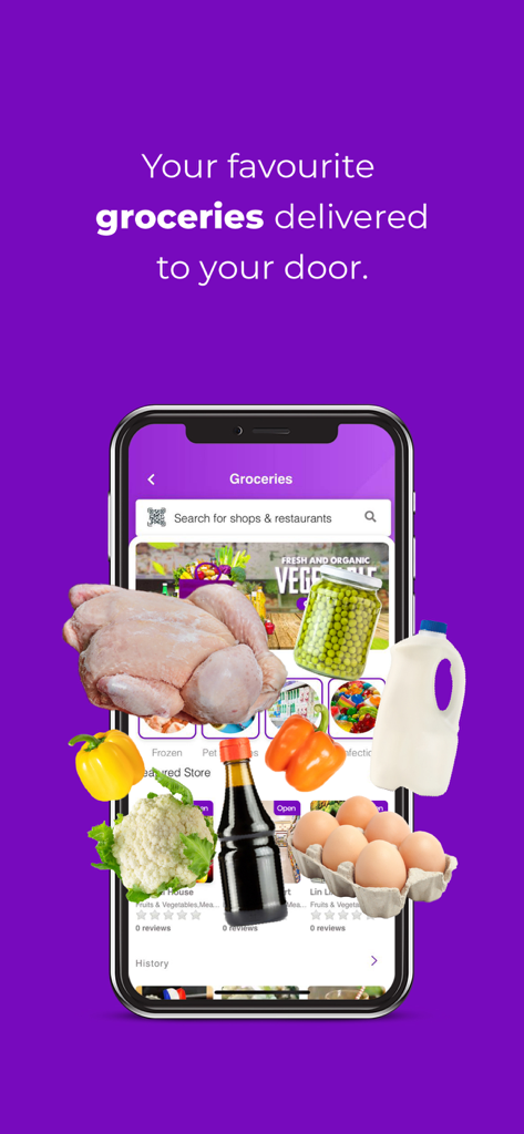 Phzaar - Phzaar smartphone app interface for grocery delivery with fresh food products on a purple background