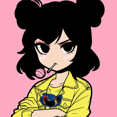 an anime girl with pigtails buns that are loose and free, she is wearing a jean jacket with her arms crossed. she has a lollipop in her mouth with her eyes narrowed. she looks very cool and daring