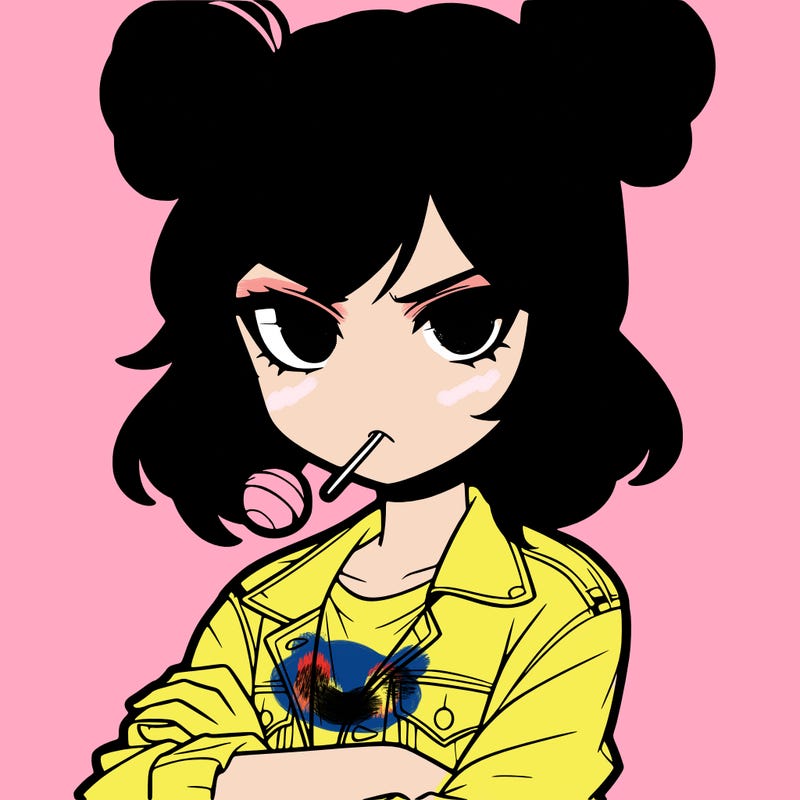 an anime girl with pigtails buns that are loose and free, she is wearing a jean jacket with her arms crossed. she has a lollipop in her mouth with her eyes narrowed. she looks very cool and daring