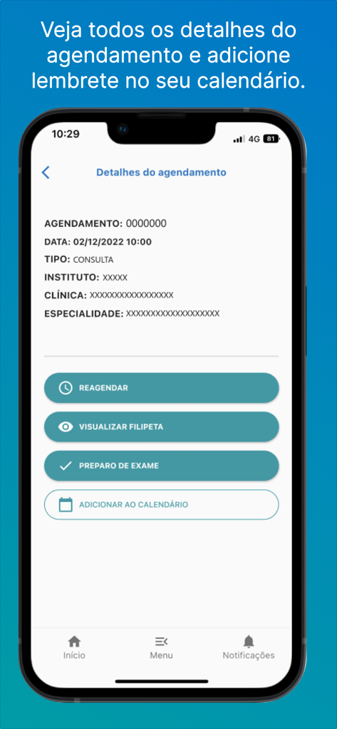 Mobile screen displaying patient appointment details and options to reschedule or add to calendar in the Portal do Paciente HC app