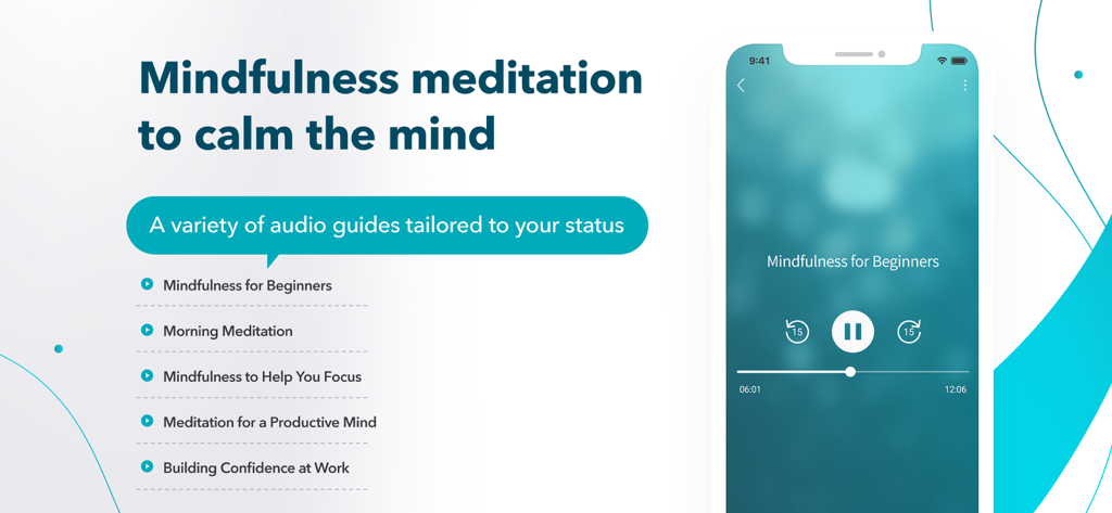 Awarefy:AIchatでメンタルヘルス＆ストレスケア - Awarefy app screen showing a list of mindfulness meditation audio guides and an audio player interface.