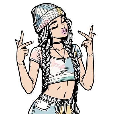 realistic teenage girl with braids and a beanie and crop top doing 🫶🏼