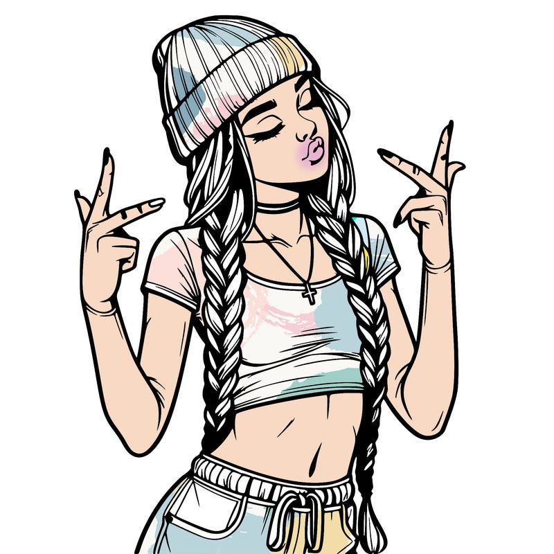 realistic teenage girl with braids and a beanie and crop top doing 🫶🏼