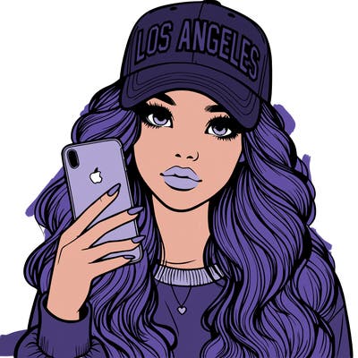 realistic beautiful girl wearing los ángeles cap holding an iphone