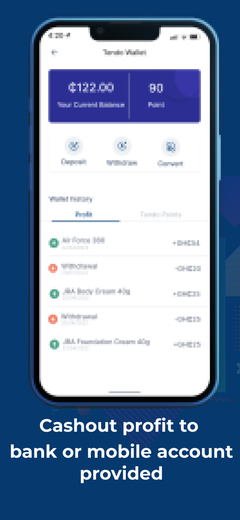 Tendo - Reseller Platform - Tendo app wallet interface showing profit balance and transaction history