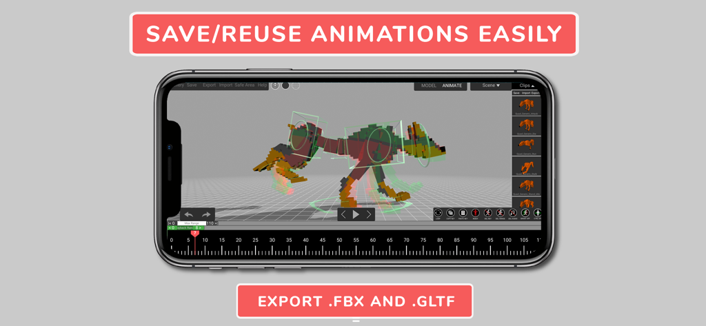 Animatoon Pro - Smartphone displaying the Animatoon Pro app with a 3D voxel character animation and export options for FBX and GLTF files.