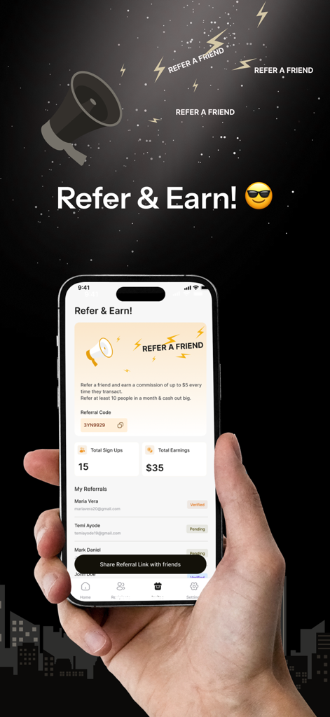 Hurupay - Global USD Banking - A hand holding a smartphone displaying the Hurupay referral program page showing total sign ups and earnings.