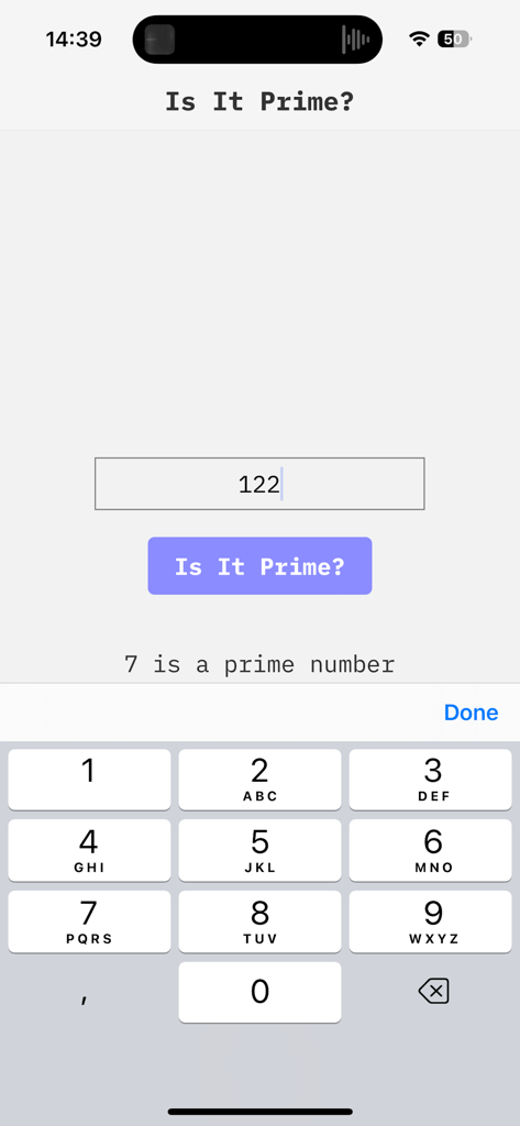 Numberus Primeアプリのインターフェース。素数検証ツールと数字キーボードが表示されています。