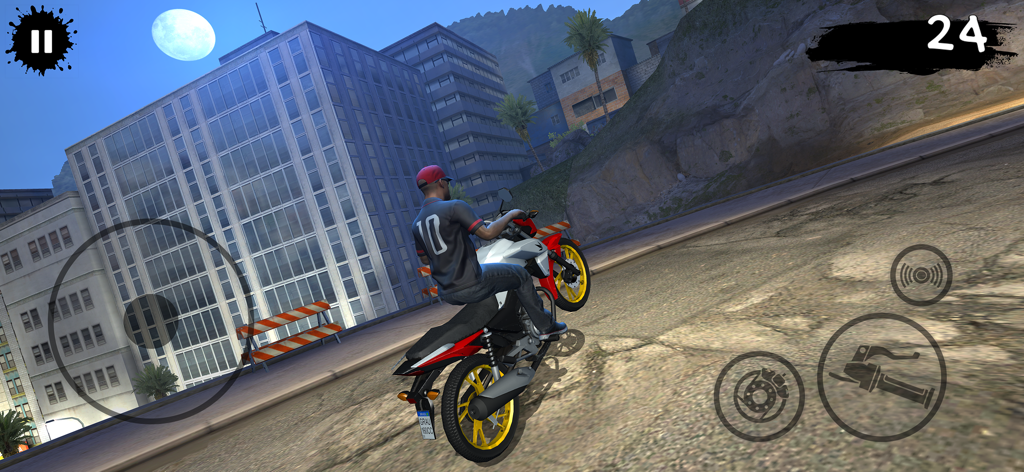 Bike games - Racing games - Ein Motorradfahrer, der einen Wheelie auf einer städtischen Straße in einem realistischen 3D-Bike-Spiel ausführt