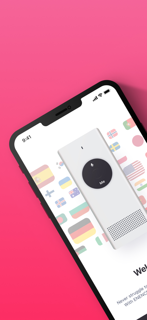Translator Enence - Translator Enence app welcome screen featuring a handheld translator device and various national flags on a bright pink background.