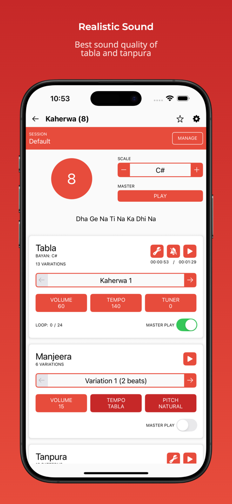 Interface of the Rhythm with Tabla and Tanpura app showing instrument controls and settings