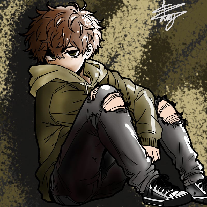a male hoddie ripped jeans messy hair anime