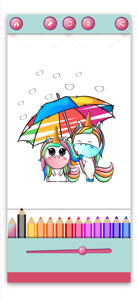 Two cute unicorns under a rainbow umbrella on a digital coloring page with color pencils at the bottom