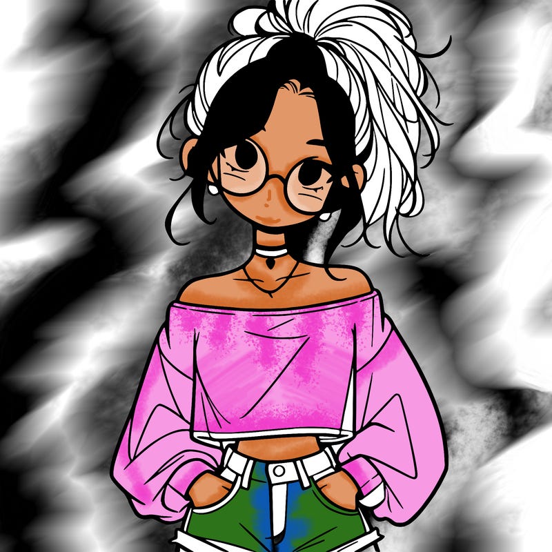 girl with a messy ponytail glasses a baggy crop top and jean shorts