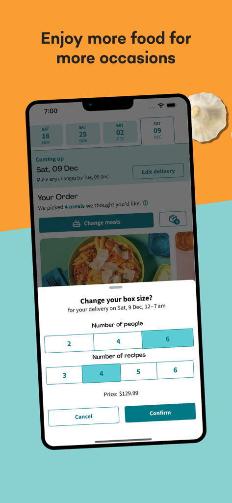 EveryPlate mobile app screen showing options to change box size by selecting the number of people and recipes