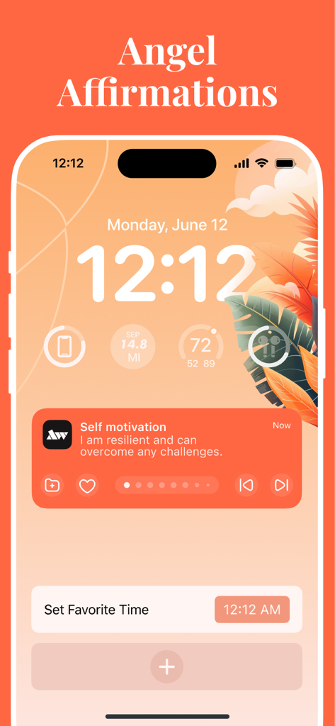 Awake: Motivation Affirmations - Pantalla de bloqueo de iPhone que muestra una afirmación motivacional de ángel de la aplicación Awake a las 12:12