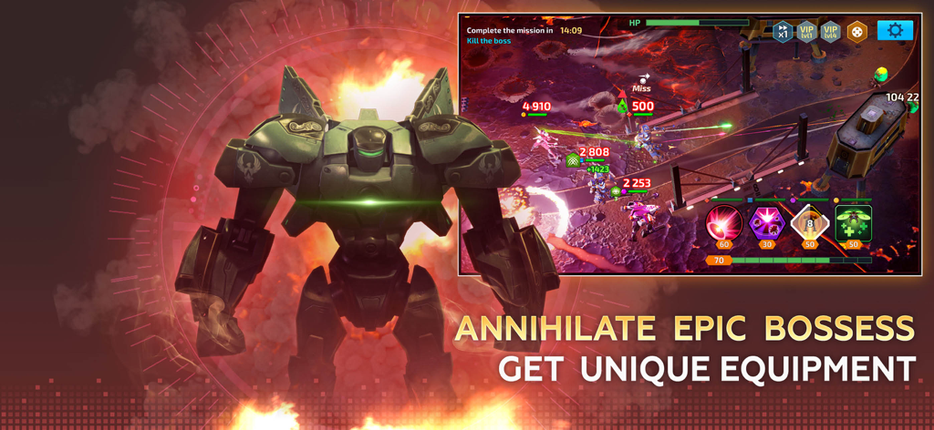 Mech & Aliens: Robot Battle - Un meca de batalla gigante verde con una inserción de juego que muestra una escena de combate contra un jefe con el texto aniquila jefes épicos