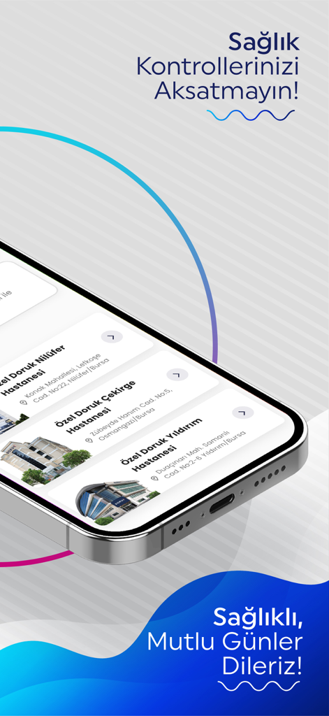 Doruk - The Doruk app interface showing a list of available hospital locations for booking appointments.