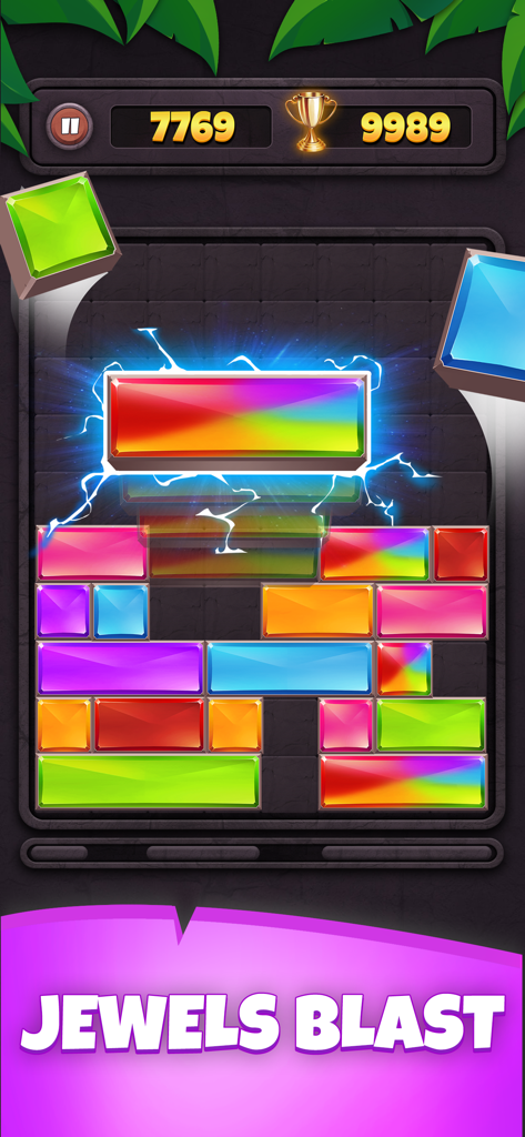 Sliding Puzzle: Jewel Blast - Colorful jewel blocks in a horizontal sliding puzzle game with a glowing line clearing effect