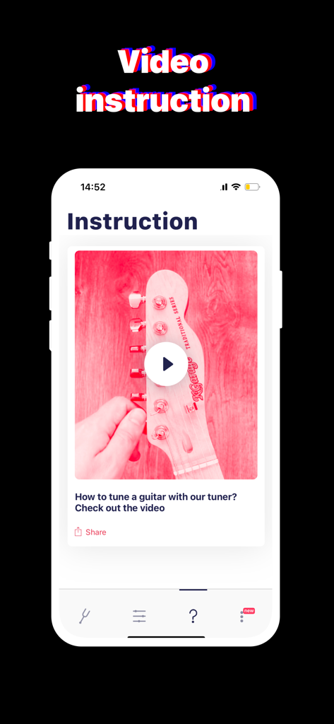 Tuner ONE PRO Guitar & Ukulele - Video instruction screen in the Tuner ONE PRO app showing a tutorial on how to tune a guitar.
