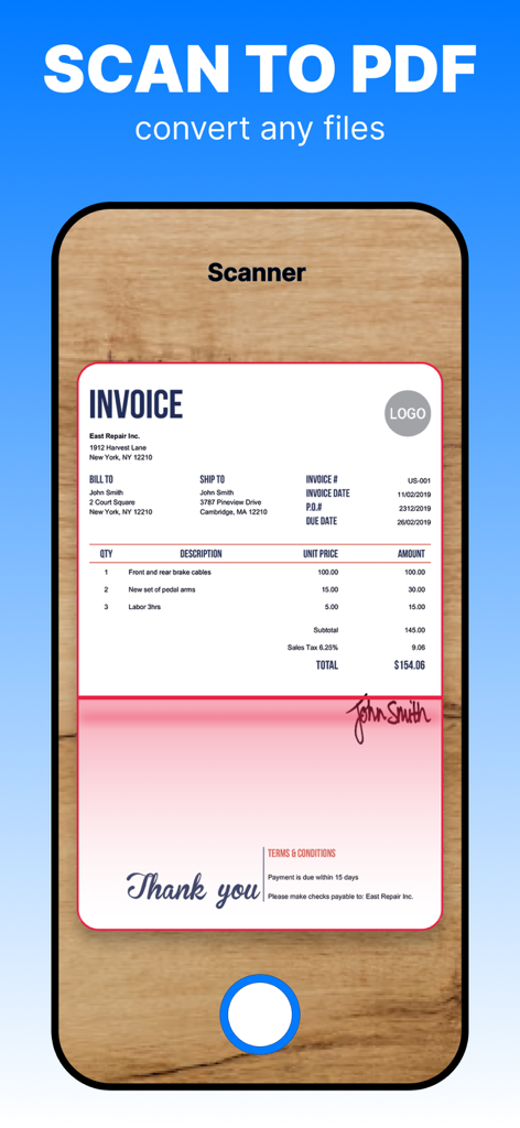 スマートフォンがビジネス請求書をスキャンしてデジタルPDFドキュメントに変換している様子。