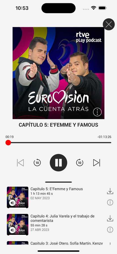 Pantalla del reproductor de podcasts de la aplicación RNE Audio mostrando un episodio de Eurovision La Cuenta Atrás con controles de reproducción y lista de episodios.
