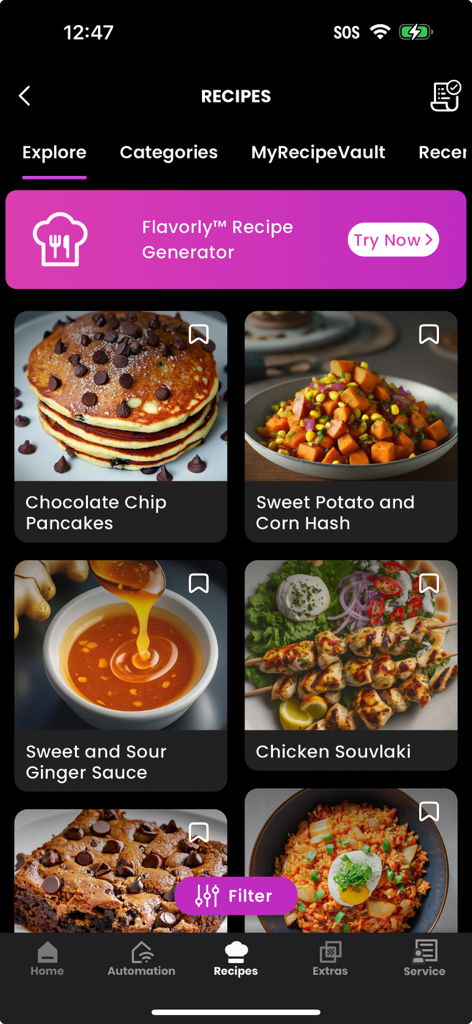 SmartHQ app interface showing the Flavorly AI recipe generator and a gallery of food recipes including pancakes and chicken souvlaki.