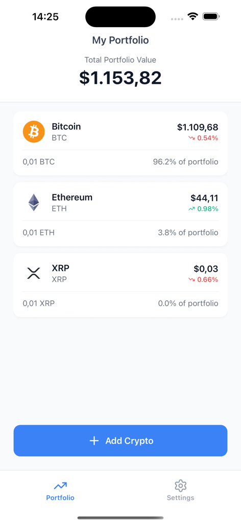 Simple Crypto Portfolio - Dashboard of the Simple Crypto Portfolio app showing total balance and a list of holdings for Bitcoin Ethereum and XRP