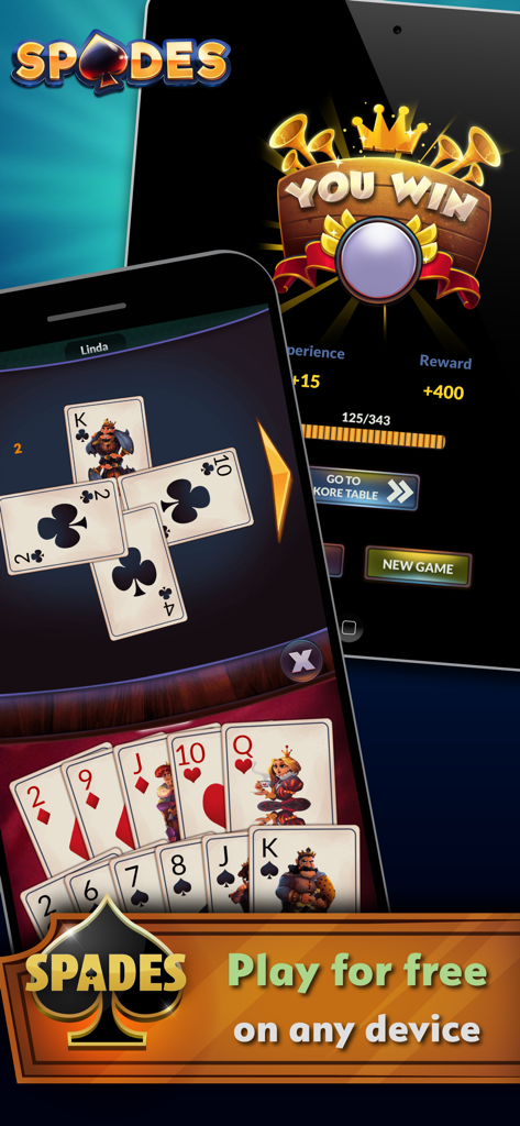 Spades offline card game interface shown on both smartphone and tablet screens