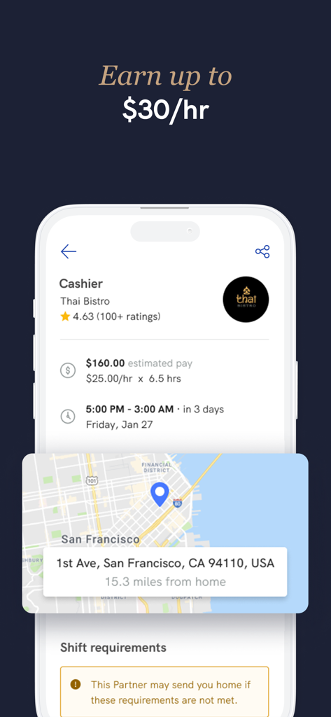 Instawork app screen showing a cashier job listing in San Francisco with shift details and estimated pay.